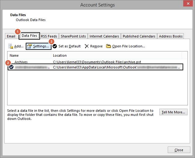 click data files then select outlook profile and click settings