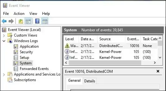 Open the Event Viewer app and click on the option Windows Logs