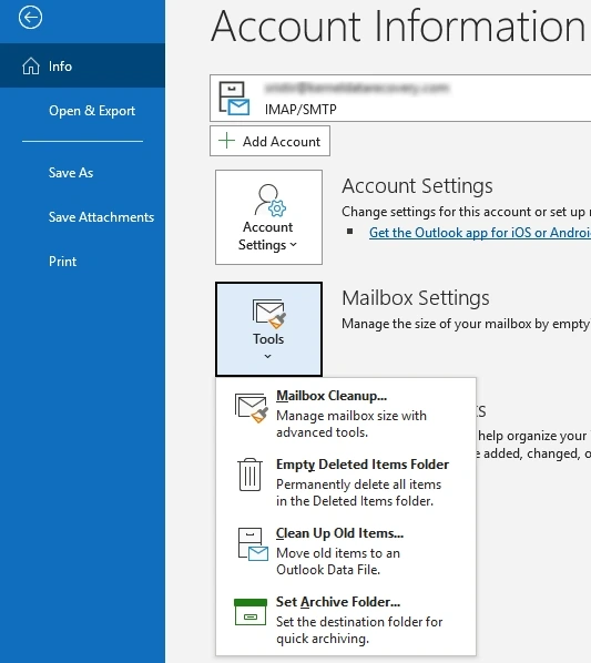 clean the outlook mailbox with built in tools