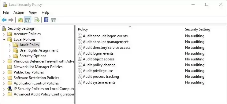 Click on Audit Policy it will display many audit entries as No auditing