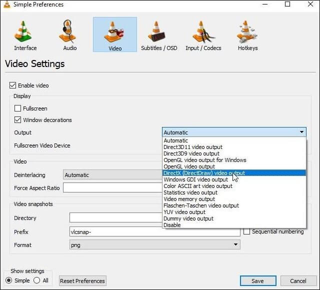 change the Output settings