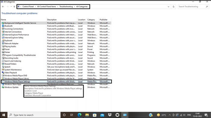 Double click WMP settings to start troubleshooting