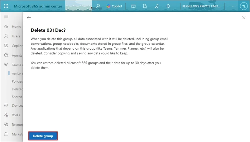 Click on delete group