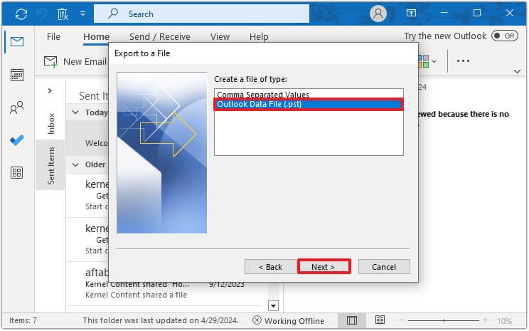 select Outlook Data file as pst