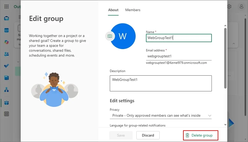 Click on delete group
