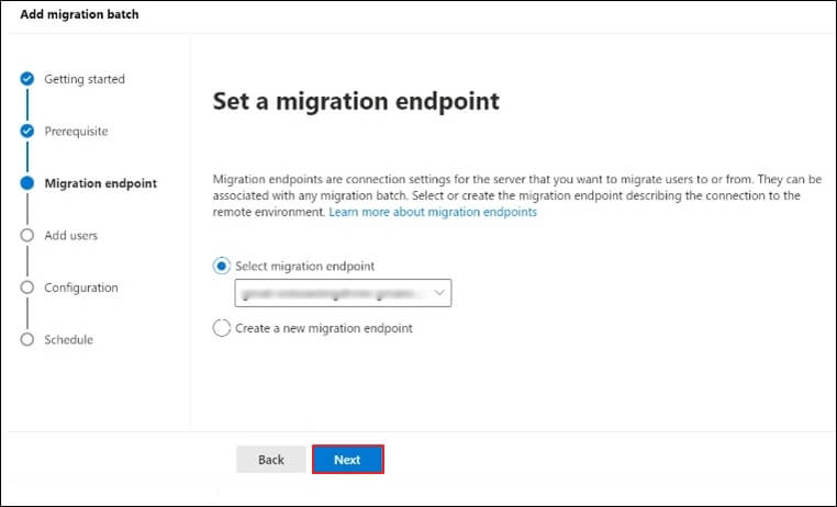 Select the migration endpoint