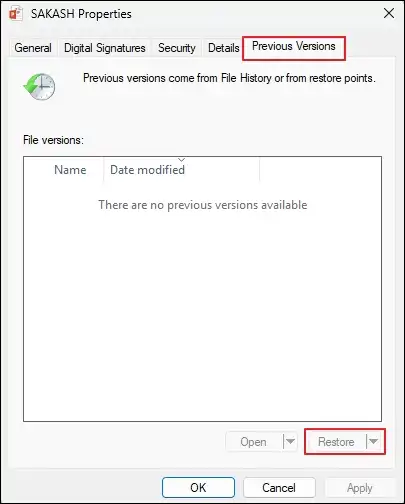 restore to previous version