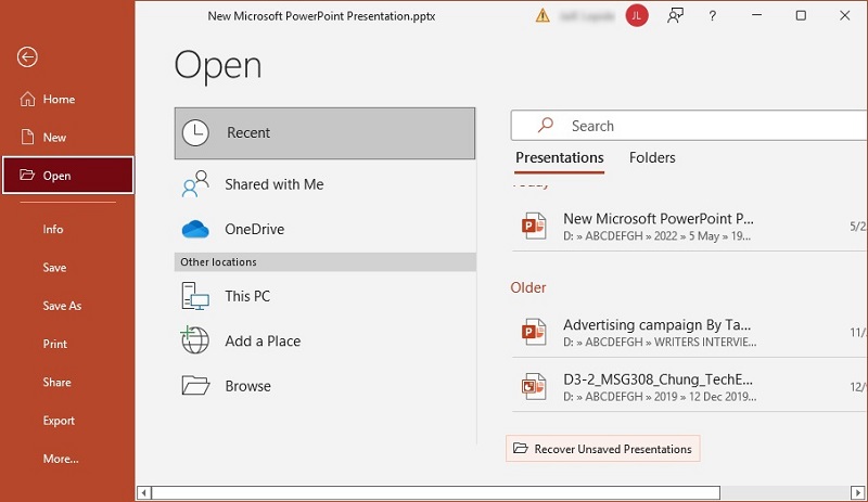 Click Recover Unsaved Presentations