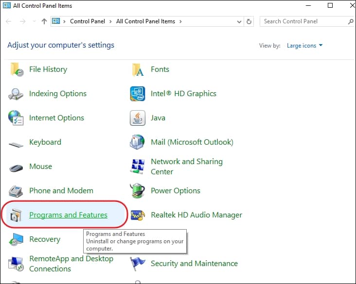 Launch Control Panel and select Program and Features