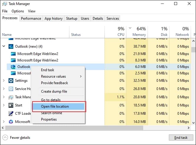 In the expanded drop down list right click Outlook and select Open file location