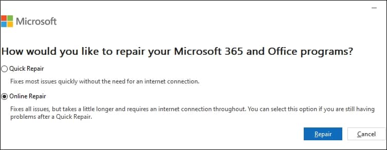 Select Online Repair and proceed with the repair