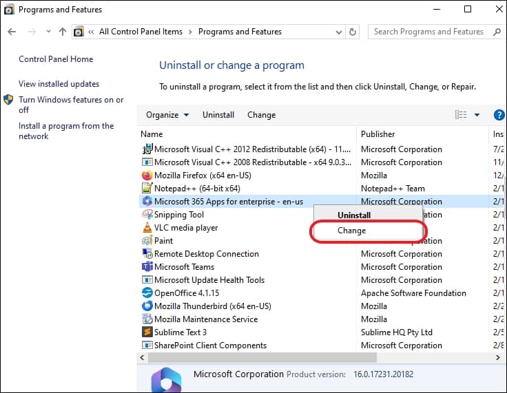 Now find and right click the Microsoft 365 Apps and select Change