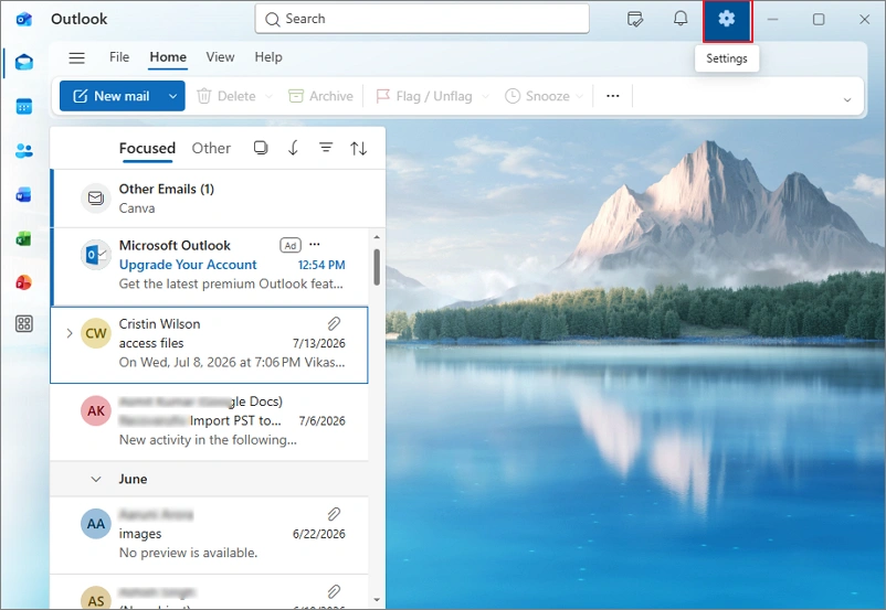 Open New Outlook and click on the Settings icon