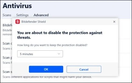 Temporarily disable the antivirus protection