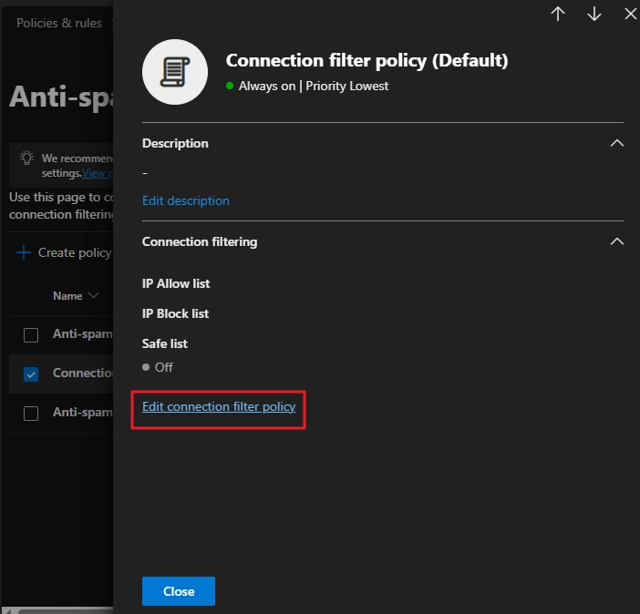 Click on the Edit connection filter policy