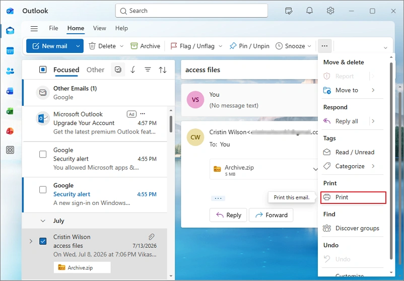 Download Office 365 Emails Using Print Feature