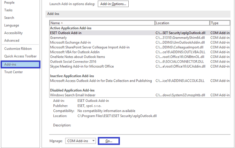 Add-ins and click on Go