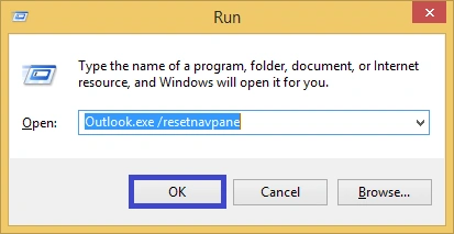 enter Outlook.exe 
 or resetnavpane