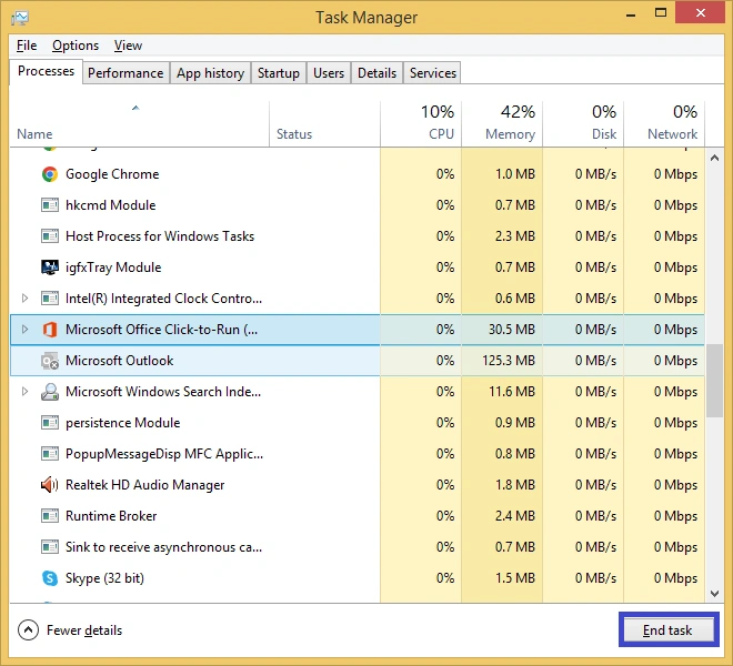 Select Office related tasks and then click End Task