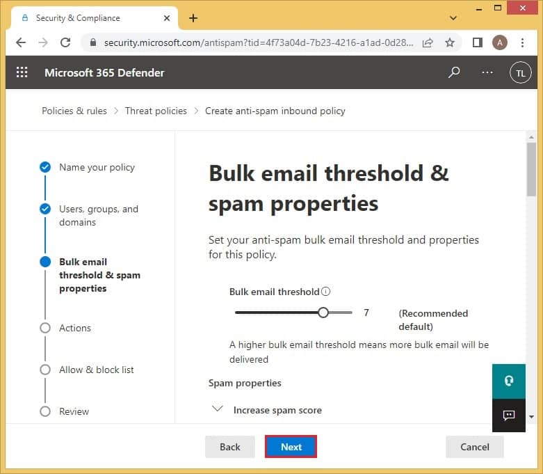 Bulk email threshold & spam properties