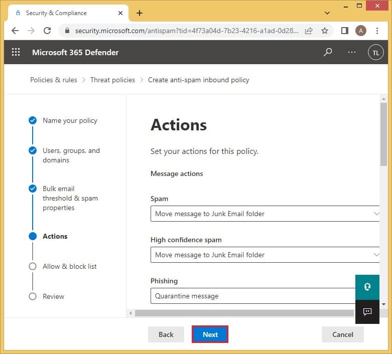 The Actions page is where you will decide what happens with all the junk messages