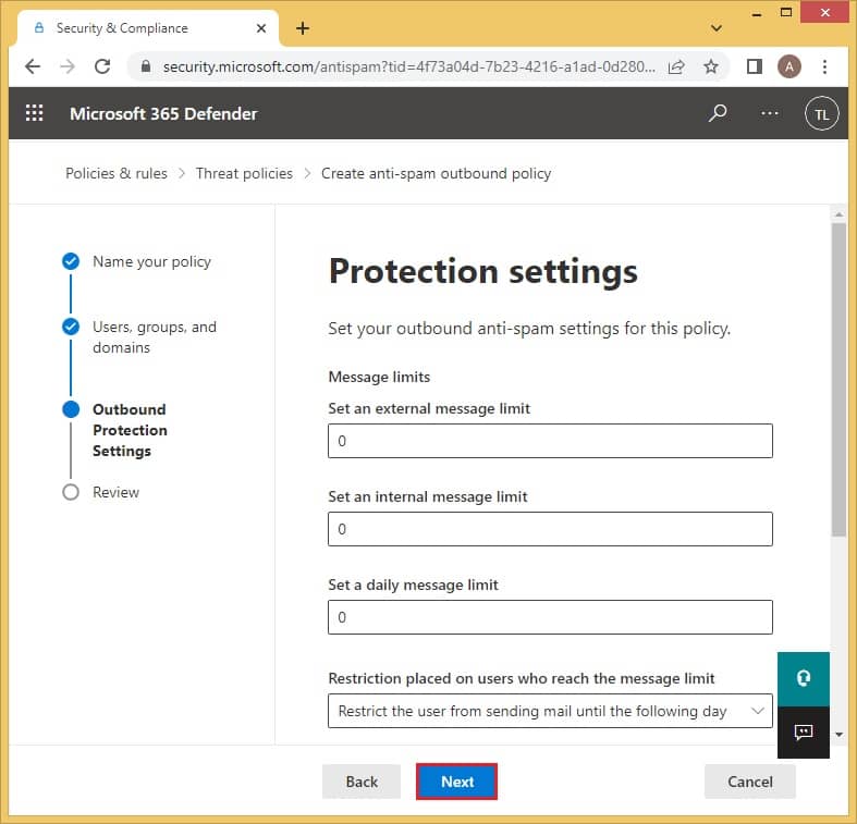 The Protection settings page is where you can set up the limit of external messages