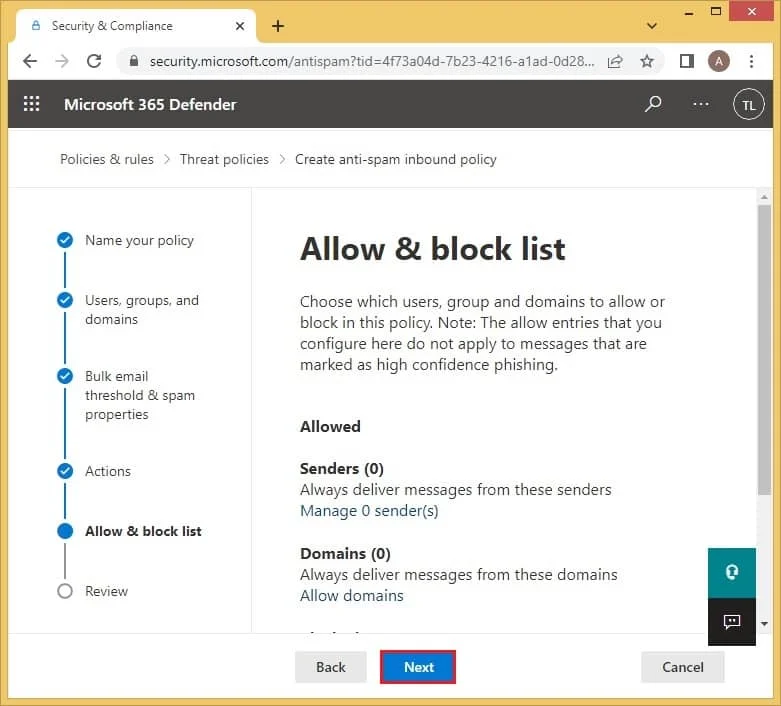 Allow and block list section