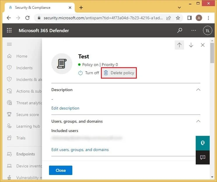 Click the Delete policy option