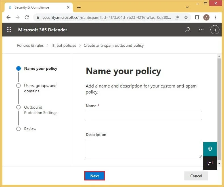 enter the name and description of the policy