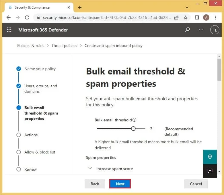 Bulk email threshold and spam properties