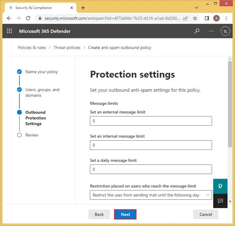Protection settings page