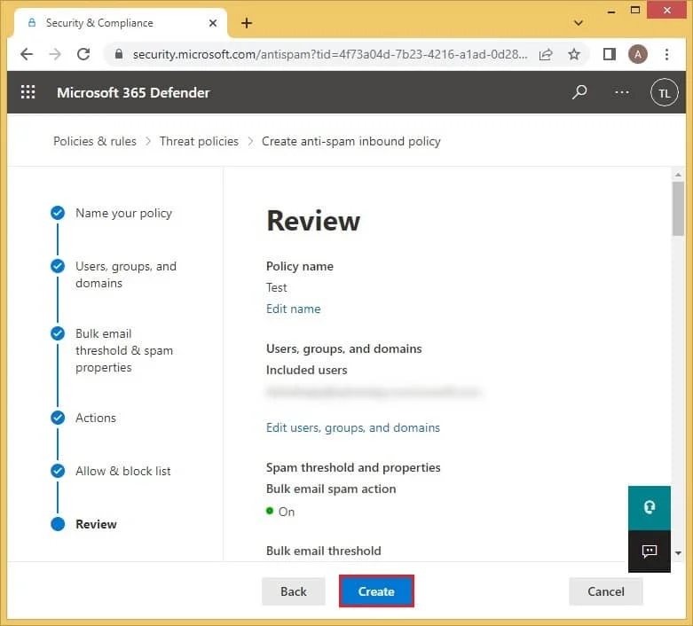 click Create to Configure anti spam Office 365