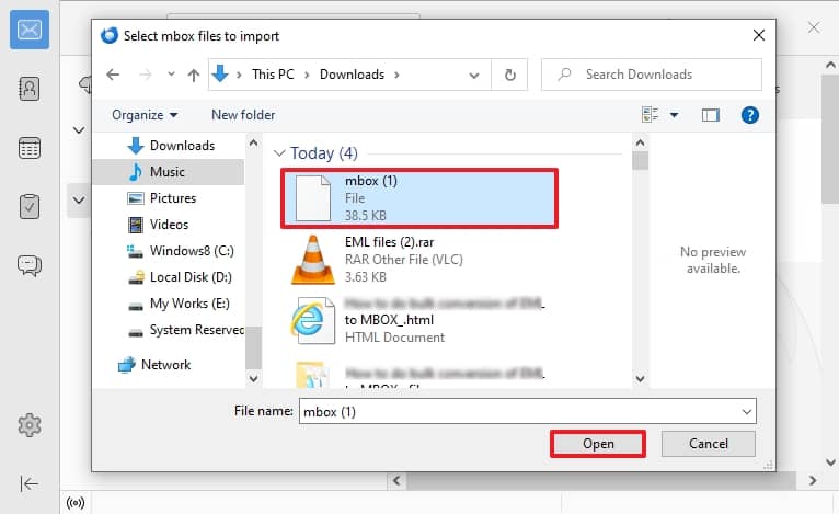 select the MBOX file from the location in File Explorer