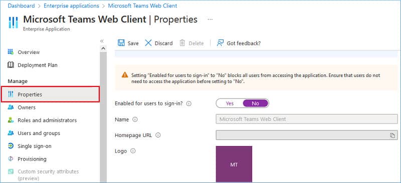 Properties of Teams Web Client