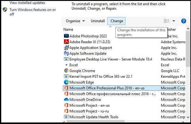 Microsoft Programs and Features