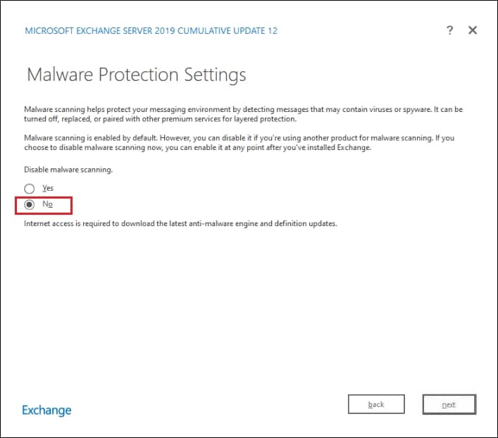 in malware protection settings box choose yes or no option and click next