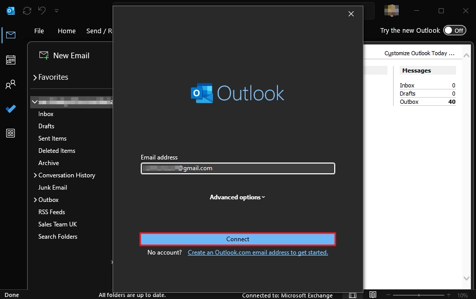 Enter your Gmail address and click Connect
