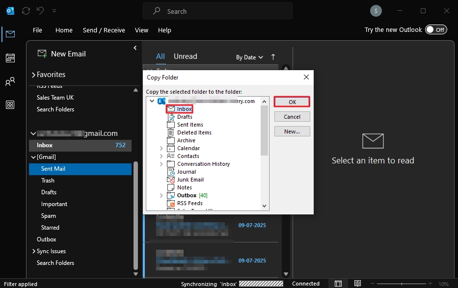 Choose the destination folder and click OK to start moving the emails
