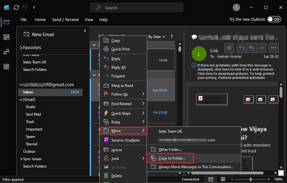 select individual emails and copy them to any Office 365 account folder 