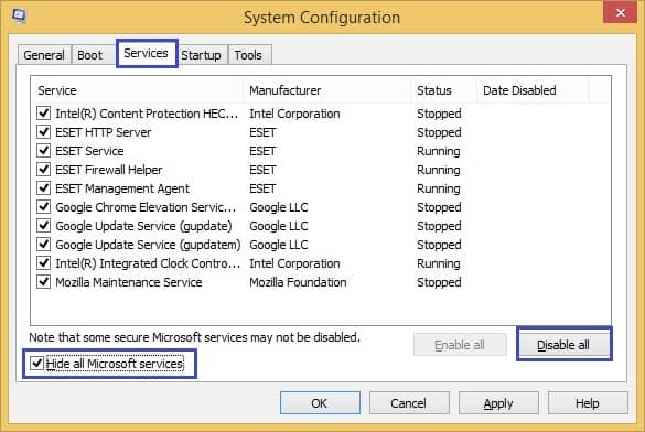 click on the disable all