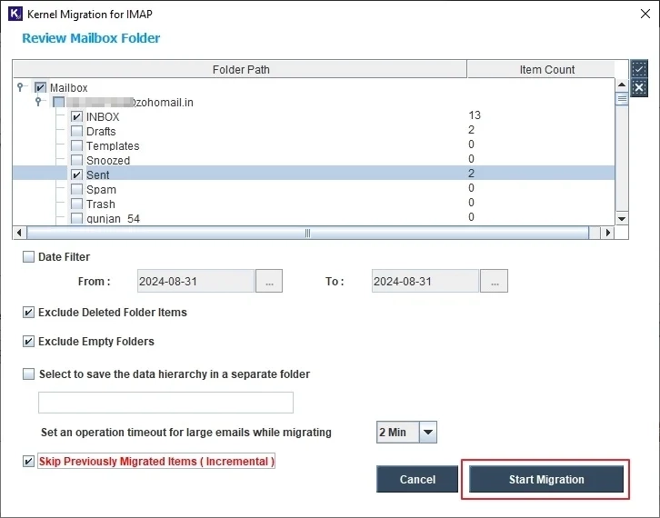 click Start Migration to begin email transfer