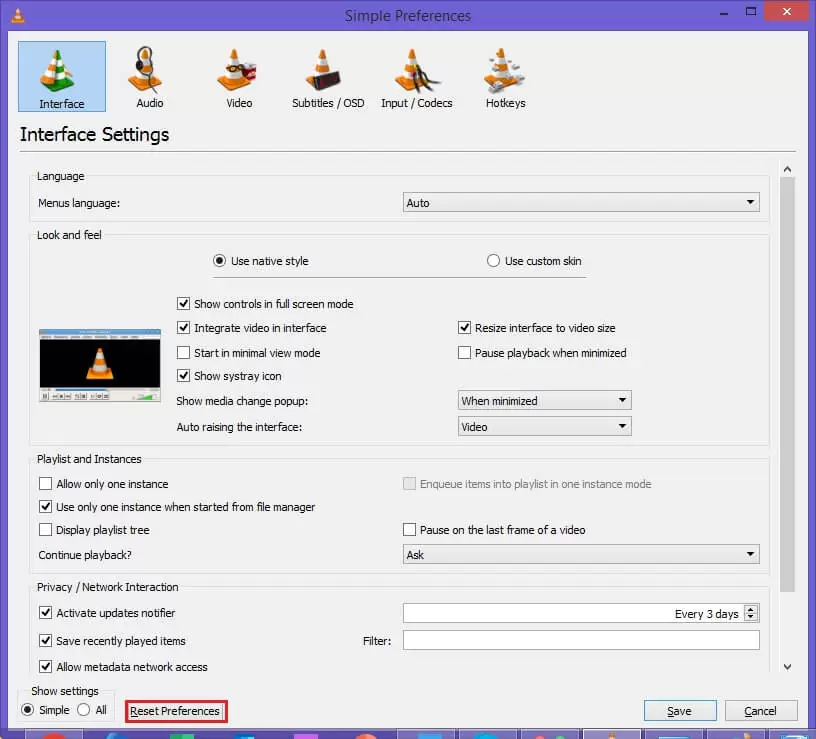 reset preferences
