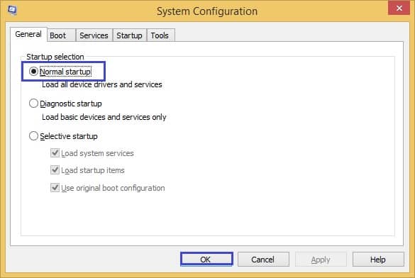 normal startup option