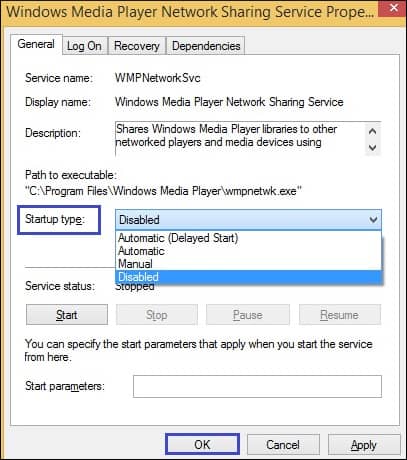 set startup type option to disabled