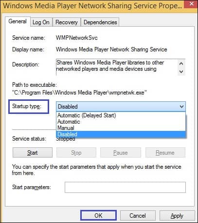 set Startup Type option to Disabled