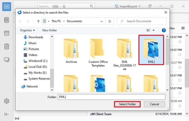elect the folder where the EML files