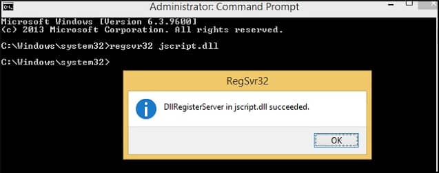 once the command prompt opens type regsvr32 jscript.dll press Enter