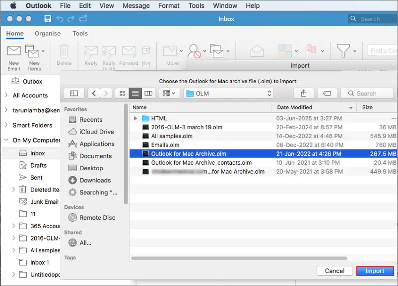 Choose your OLM file and click on import