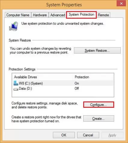system protection and configure