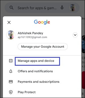 Manage apps and device option